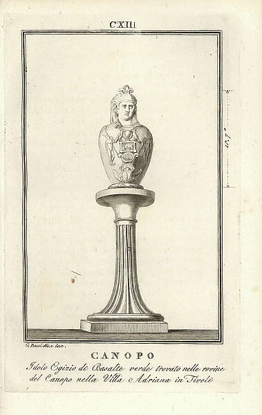 Bust of the Egyptian idol Canopus, god of water, in basalt found in the Canopus of Hadrian's Villa at Tivoli. Copperplate drawn and engraved by Giacomo Bossi from Pietro Paolo Montagnani-Mirabilii's Il Museo Capitolino (The Capitoline Museum), Rome