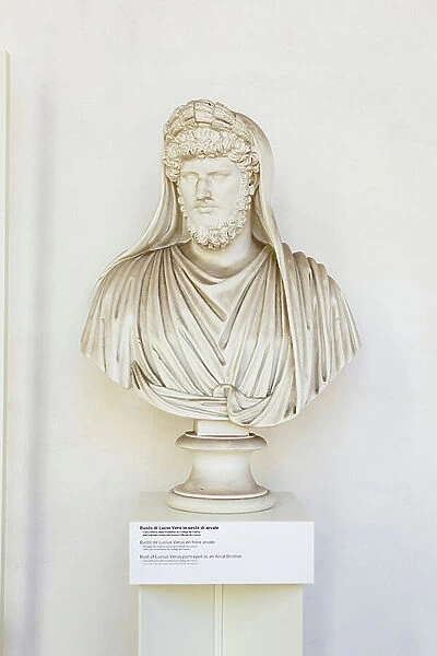 Bust of Lucius Verus portrayed as an Arval brother, cast from an original at the Louvre museum, National Roman Museum at the Baths of Diocletian, Rome, Italy