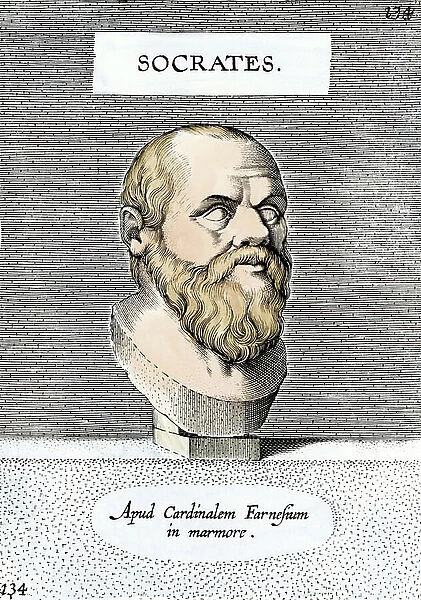 Bust of Socrates philosopher of ancient Greece (5th century BC). Colour engraving of the 17th century
