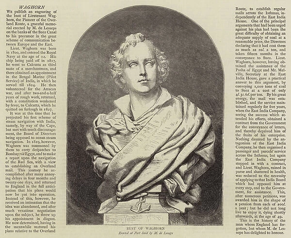 Bust of Waghorn, erected at Port Said by M de Lesseps (engraving)