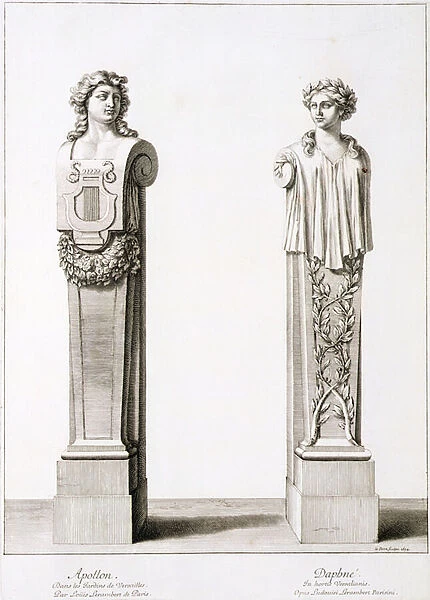 Busts of Apollo and Daphne by Louis Lerambert at Versailles, 1674 (engraving)
