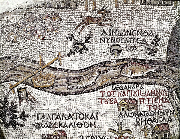 Byzantine art: oldest map of Palestine. Detail depicting the river Jordan