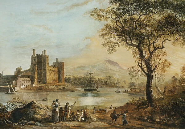 Caernarvon Castle, with a Harper in the Foreground, (bodycolour)