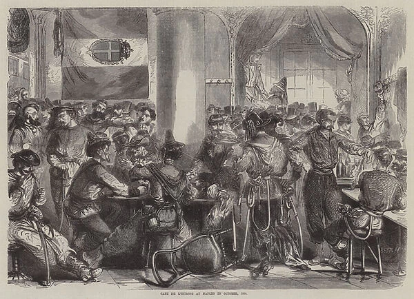 Cafe de L Europe at Naples in October, 1860 (engraving)