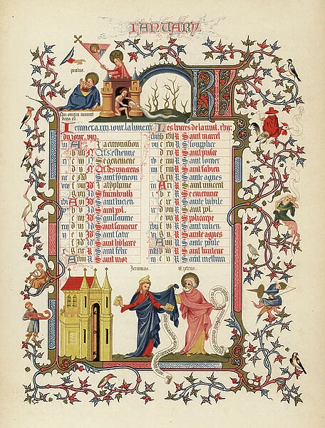Calendar for January with figures of Jeremias and St. Petrus, quote from Paul, musicians, disciples, mythical creatures and castles. From an illuminated Book of Hours of the Duke the Anjou., 1380