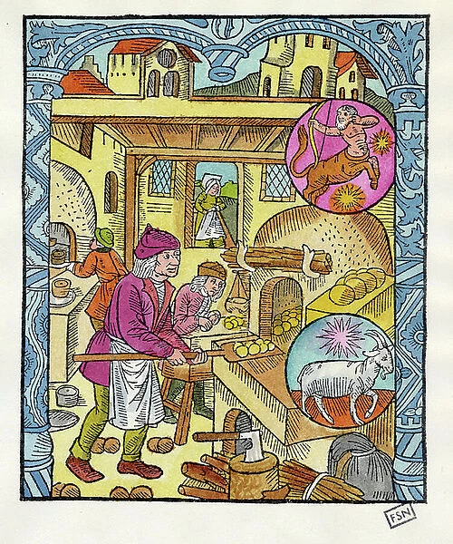 Calendar: representation of the month of December: a baker buried in bread. The two zodiacal signs of the month are depicted on the right: sagittarius and capricorn