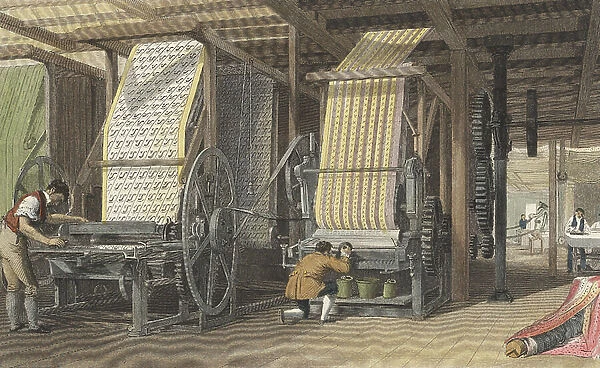 Calico printing machines powered by belt and shafting through cog wheels from a central energy source (steam or water). Hand-coloured engraving, London, 1834