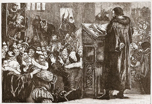 Calvin threatened in the church of Rive, illustration from