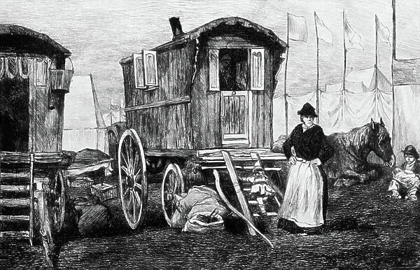 Camp of gypsies with their horse-drawn caravan, 1884 (drawing)