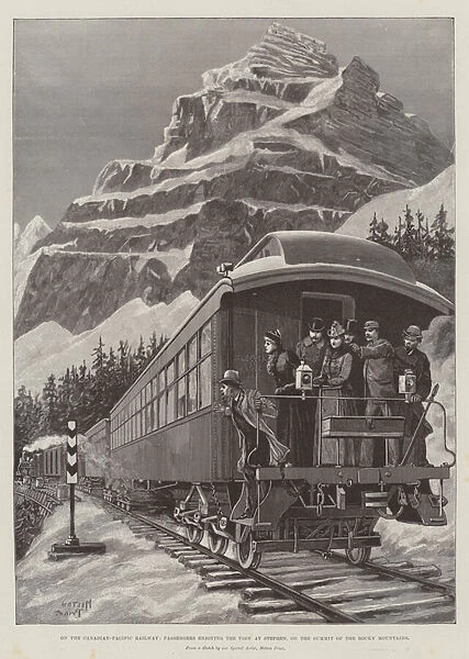 On the Canadian-Pacific Railway, Passengers enjoying the View at Stephen, on the Summit of the Rocky Mountains (engraving)