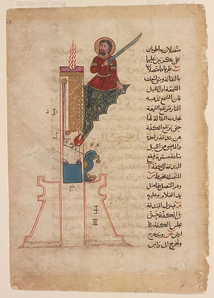 A candle clock, folio fromKitab fi ma arifat al-hiyal al-handisaya (The book of knowledge of ingenious mechanical devices) Automata by al-Jazari (d. 1206) (ink, opaque w  /  c & gold on paper)