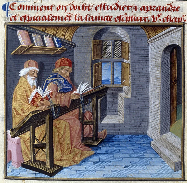 Two canons reading in a library, Le livre de bonnes moeurs de Jacques Legrand