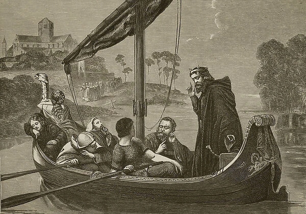 Canute on the river Nene listening to the choir of Ely Minster, engraved by F