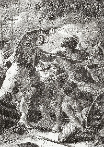 Captain Cook and crew land at Botany Bay, Australia