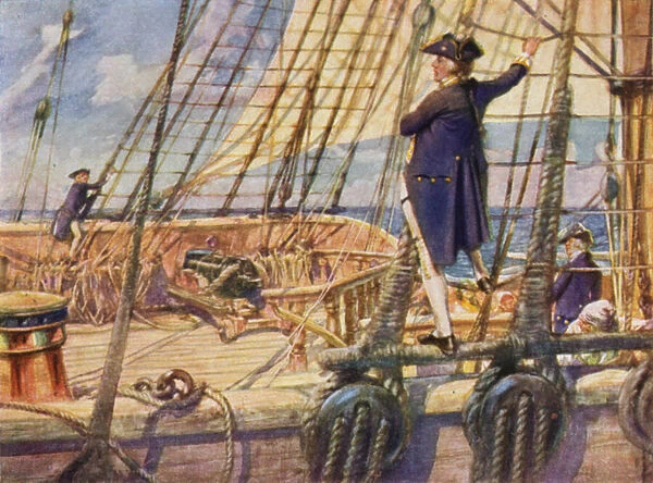 Captain Nelson challenging a Midshipman to race to the masthead (colour litho)