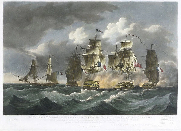 To Captain Z Mudge... of the... Blanche'.. the gallant defence made by that Ship in the Sombero Passage on July 19, 1805 against a French Squadron... 1806 (aquatint)