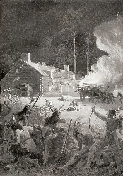 Capture of Brookfield, Massachusetts, North America by Nipmucks in 1675 during King Philip's War, aka First Indian War, Metacom's War, Metacomet's War, or Metacom's Rebellion. From The History of Our Country, published 1899