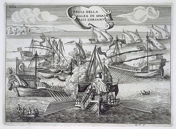 Capture of the Galeass of Simeon Rais, corsair, illustration from