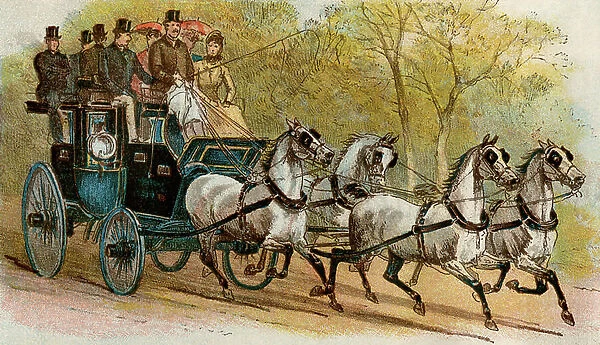 The car had four horses from the Marquis of Waterford in London, England, around 1880. 19th century lithography