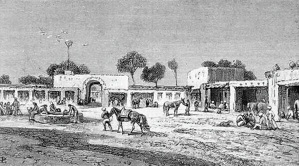 Caravanserai in Rawalpindi, Pakistan, 1880, engraving