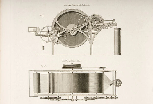 Carding engine, shown from its end and from above, c. 1830 (litho)