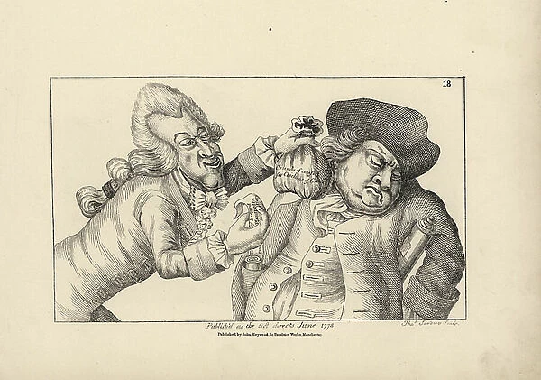 Caricature of the English betrayal by the French in Paris, 1762. John Russell, 4th Duke of Bedford being paid with Crumbs of Comfort while a English man picks his pocket