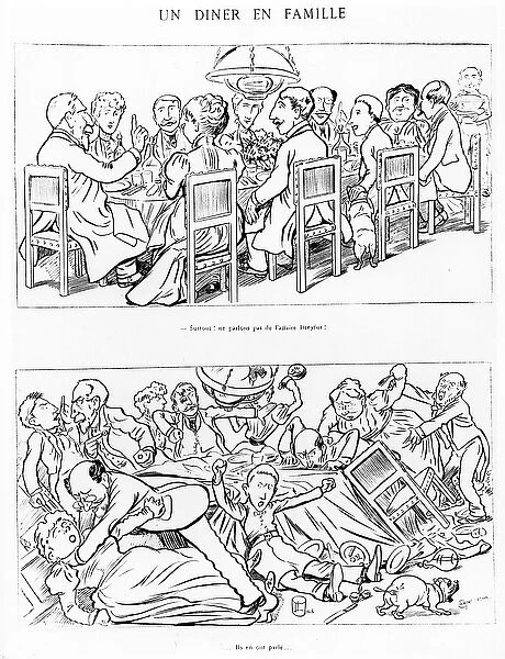 Caricature of a family dinner before and after having talked about the Dreyfus Affair, c