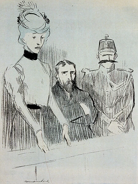Caricature in L'Assiette du Beurre, 1906, depicting an adulterous wife in the dock at a divorce court