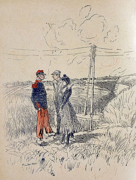 Caricature in L'Assiette du Beurre, 1906, depicting a French couple talking with a soldier