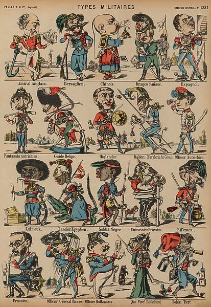 Caricatures of military figures (coloured engraving)