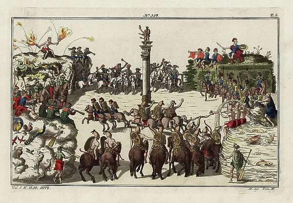A carousel parade among teams of knights representing the four elements fire, wind, earth and water. Part of the celebration of the birth of Freiderich, Duke of Wurttemberg, 1616