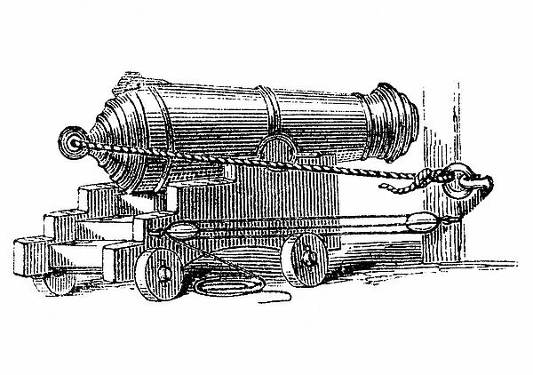 Carronade, short piece of naval ordnance with large calibre chamber, like a mortar. Name said to come from Carron Ironworks, Scotland. Wood engraving, c1884