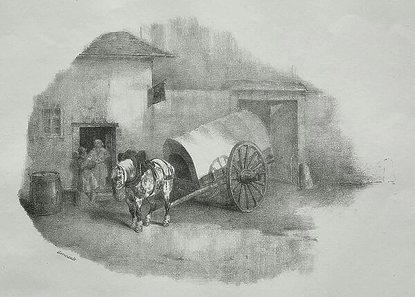 Cart horse out of the stringers, (lithograph)