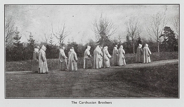 Carthusian monks, St Hugh's Charterhouse, Cowfold, Sussex (b / w photo)