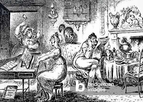 Cartoon of a chaotic domestic scene inside of a wealthy home. 1805 (engraving)