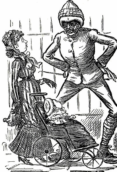 Cartoon commenting on the grotesque effect of a pitch helmet, sun goggles and puttees, 19th century