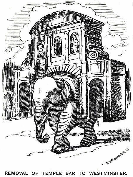Cartoon commenting on the removal of Temple Bar to Westminster, 19th century