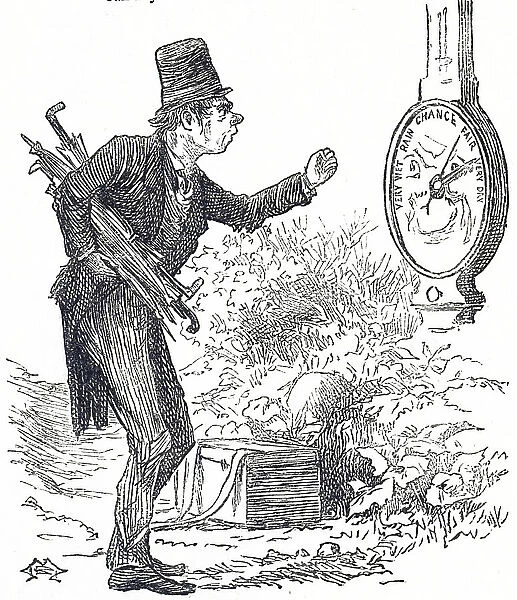 Cartoon commenting on unreliable weather forecasts made by barometers, 19th century