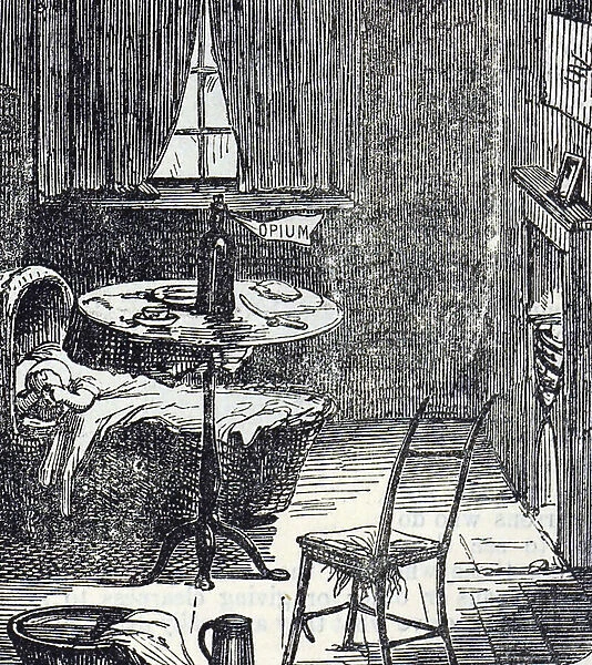 Cartoon commenting on the widespread use of opiates - a sick baby is left alone crying in her crib, whilst her parents are away using opiates, 19th century