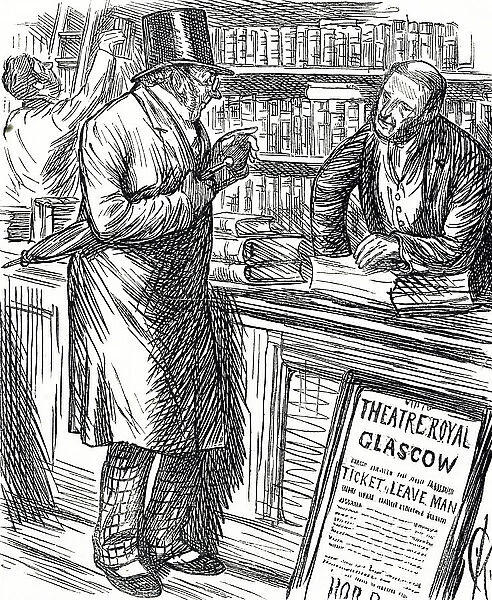 Cartoon depicting a book binder speaking with a customer about the leather used, 19th century