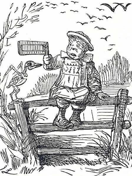 Cartoon depicting a boy scaring birds