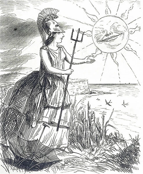 Cartoon depicting Britannia during a bad summer in Britain, 19th century