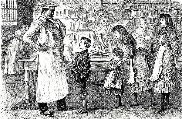 A cartoon depicting a chef taking orders from the children of the house