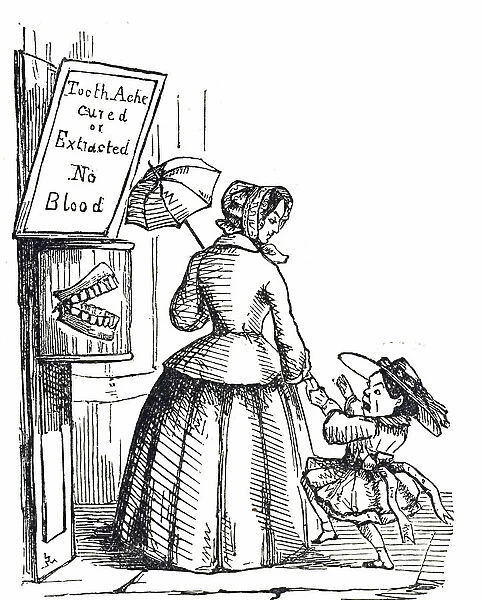 Cartoon depicting a child terrified by a dentist's advertisement, 19th century