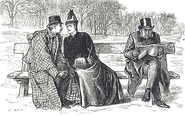 Cartoon depicting a couple exchanging endearments on the park bench