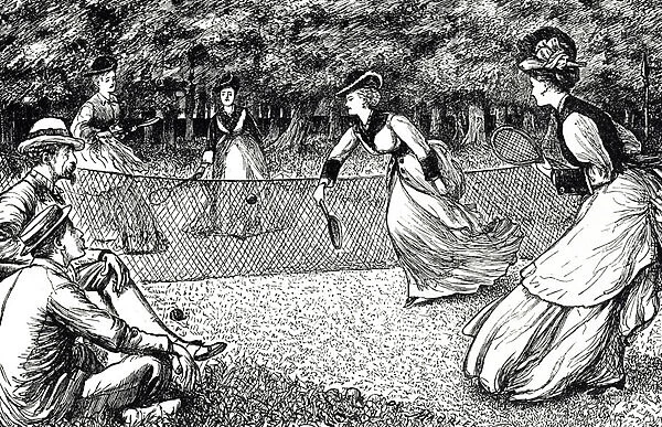 Cartoon depicting a game of lawn tennis
