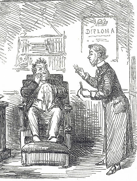 Cartoon depicting a man having his teeth removed by his dentist, 19th century