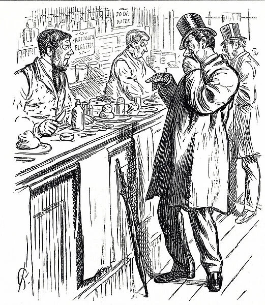 Cartoon depicting a man, suffering with food poisoning, asking the pharmacist for a cure, 19th century
