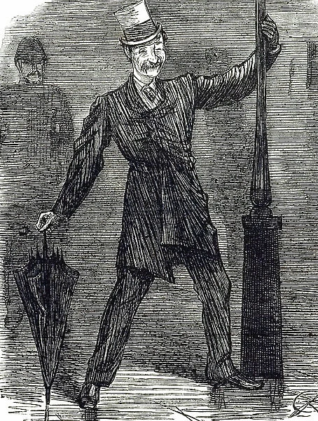 A cartoon depicting a tipsy gentleman on his way home, 19th century