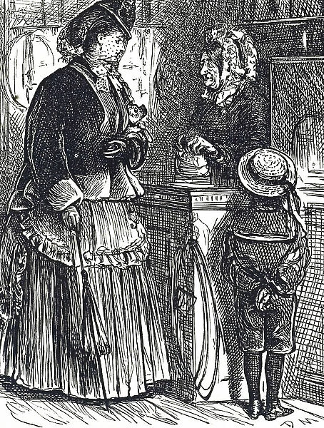 Cartoon depicting a well-informed post mistress, 19th century